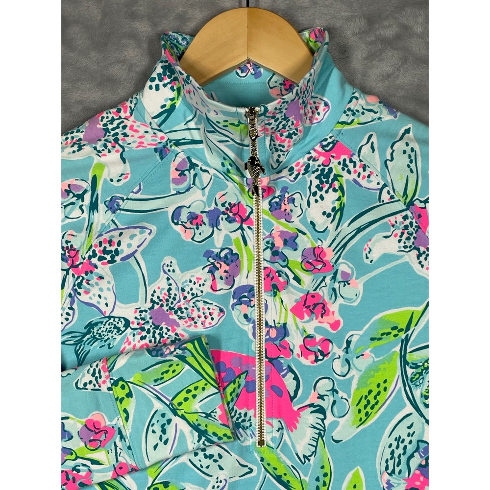 Lilly Pulitzer Skipper Popover Turquoise Floral Fish Print Half Zip XXS